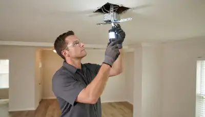Houston, TX electrician inspects exposed ceiling box with flashlight for safe ceiling fan installation