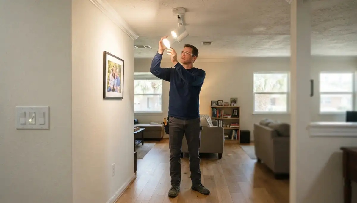 Electrician tests and adjusts a newly installed ceiling light fixture in a Houston, TX home