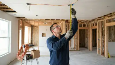 Technician measuring ceiling placement for fire alarm devices during Houston, TX home installation
