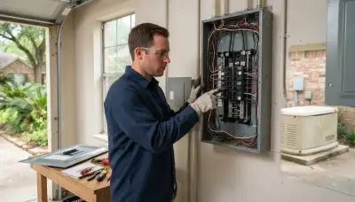Houston electrician tracing essential circuits in an open load center during a generator installation assessment