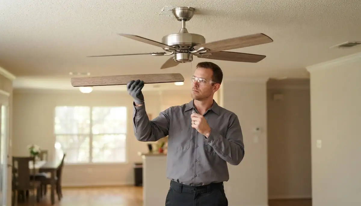 Houston, TX electrician verifies ceiling fan blade balance and secure ceiling mount during installation