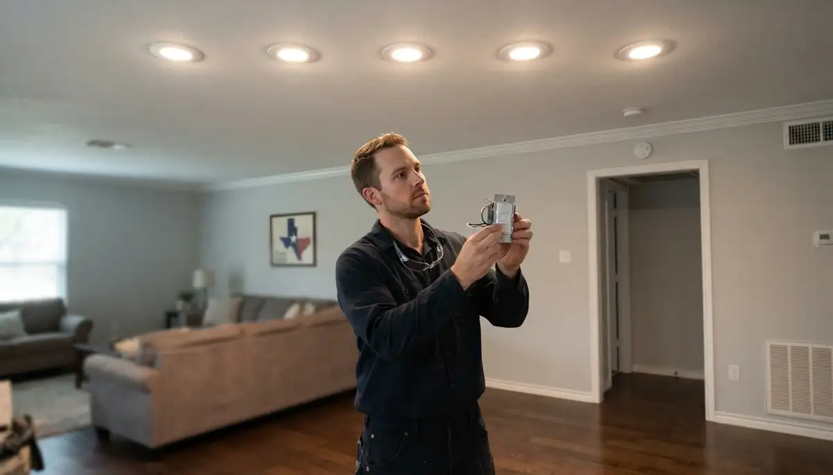 Houston electrician testing recessed lighting beams and dimmer for even, smooth illumination