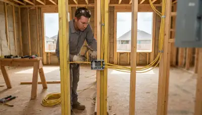 Electrician installing electrical boxes and cable during new construction wiring in a Houston, TX home