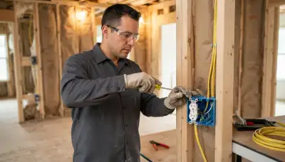 Houston, TX electrician routing cable and securing stripped wires to electrical box terminals