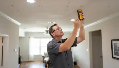 Houston, TX electrician marks recessed lighting positions with a stud finder before ceiling installation
