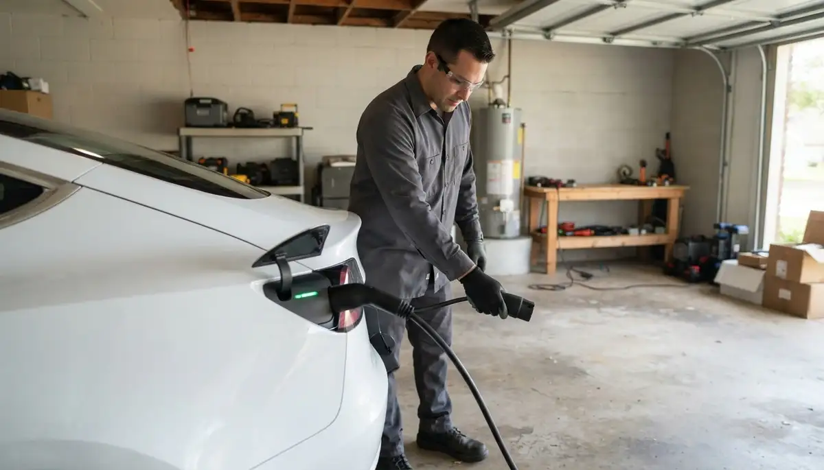 Houston, TX electrician verifies EV charger installation as vehicle charges with a steady status indicator