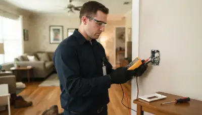 Houston, TX electrician tests an open receptacle with a multimeter to diagnose a circuit fault.