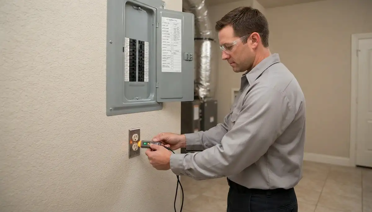 Houston, TX electrician tests a receptacle and verifies circuit labels after an electrical panel upgrade