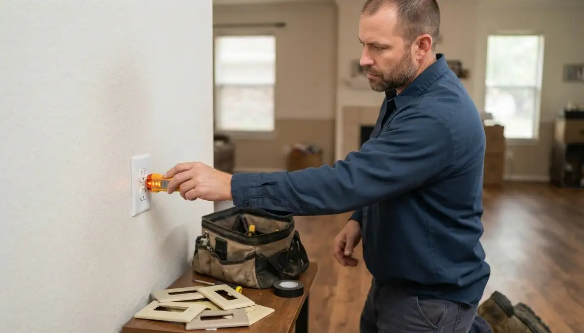 Houston, TX electrician tests a completed receptacle with a circuit tester before leaving the home