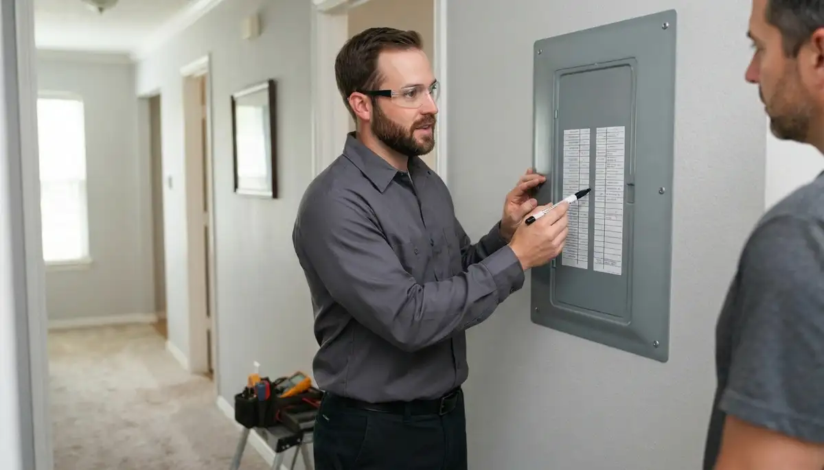 Licensed Houston, TX electrician points to labeled circuit directory on completed electrical panel