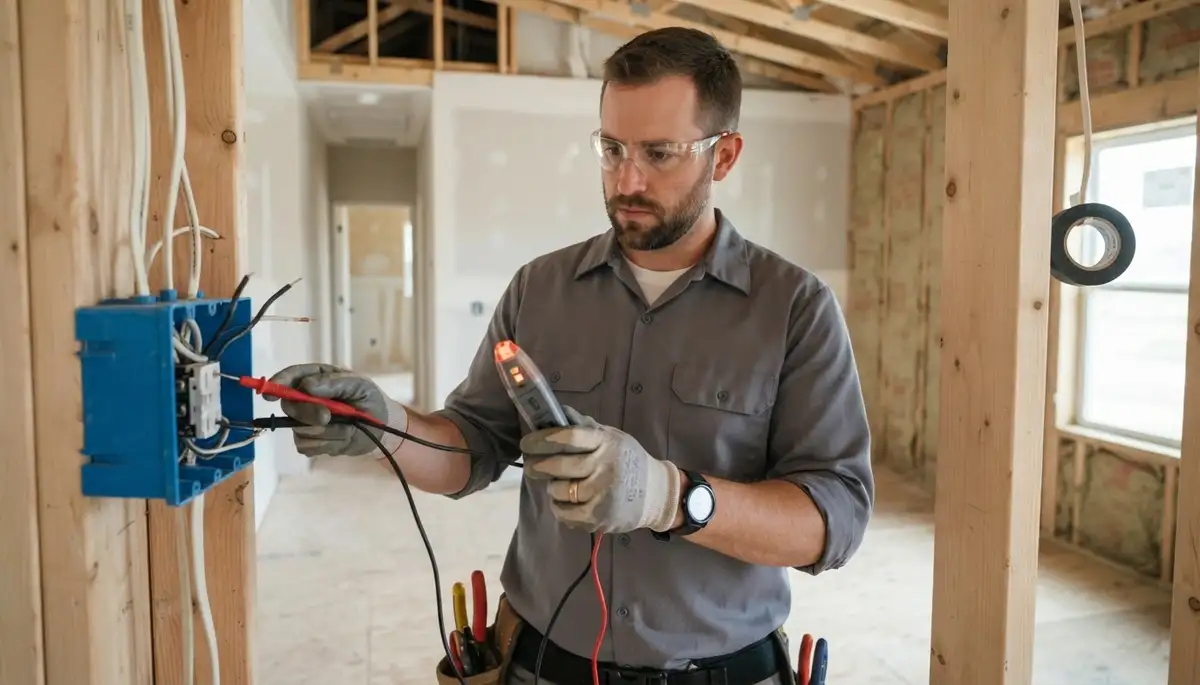 Houston, TX electrician tests wiring continuity and polarity with multimeter before drywall closure