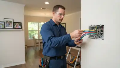 Houston, TX electrician assesses a programmable lighting control plan at an open gang box