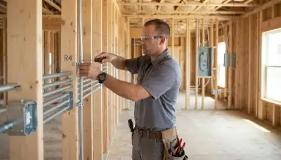 Houston, TX electrician securing conduit and aligning electrical boxes on wall studs during rough-in installation