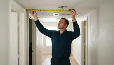 Houston, TX electrician measuring hallway ceiling for smoke detector placement near bedrooms