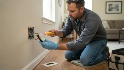 Houston, TX electrician testing a wall receptacle during a home electrical inspection