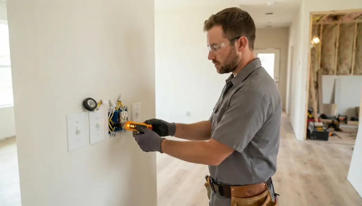 Houston electrician installing receptacles and switches and testing circuits in a new construction home, TX