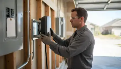 Electrician installing a Level 2 EV charger and dedicated circuit in a Channelview, TX garage