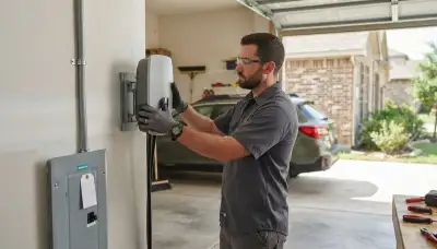 Electrician installing an EV charger on a home garage in Deer Park, TX