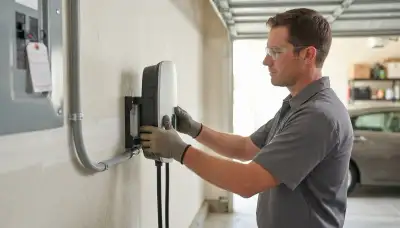 Electrician installing a Level 2 EV charger with conduit in a Katy, TX garage