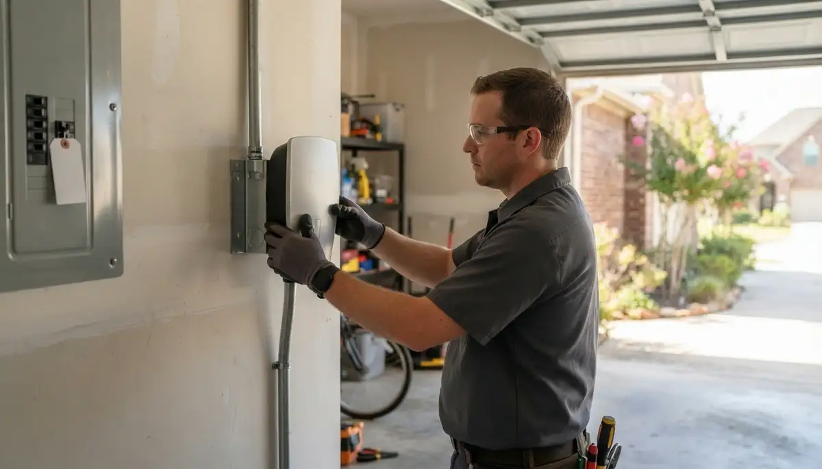 Electric vehicle charger installation with a 240-volt circuit by a Kingwood, TX electrician