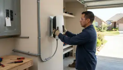 Electrician installing a Level 2 EV charger in a Manvel, TX garage