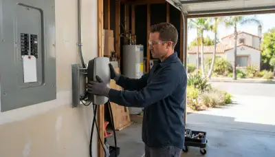 Electrician installs a wall-mounted Level 2 EV charger and dedicated circuit in Pasadena, TX