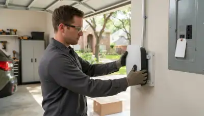 Electrician installing a Level 2 EV charger in a Piney Point Village, TX garage