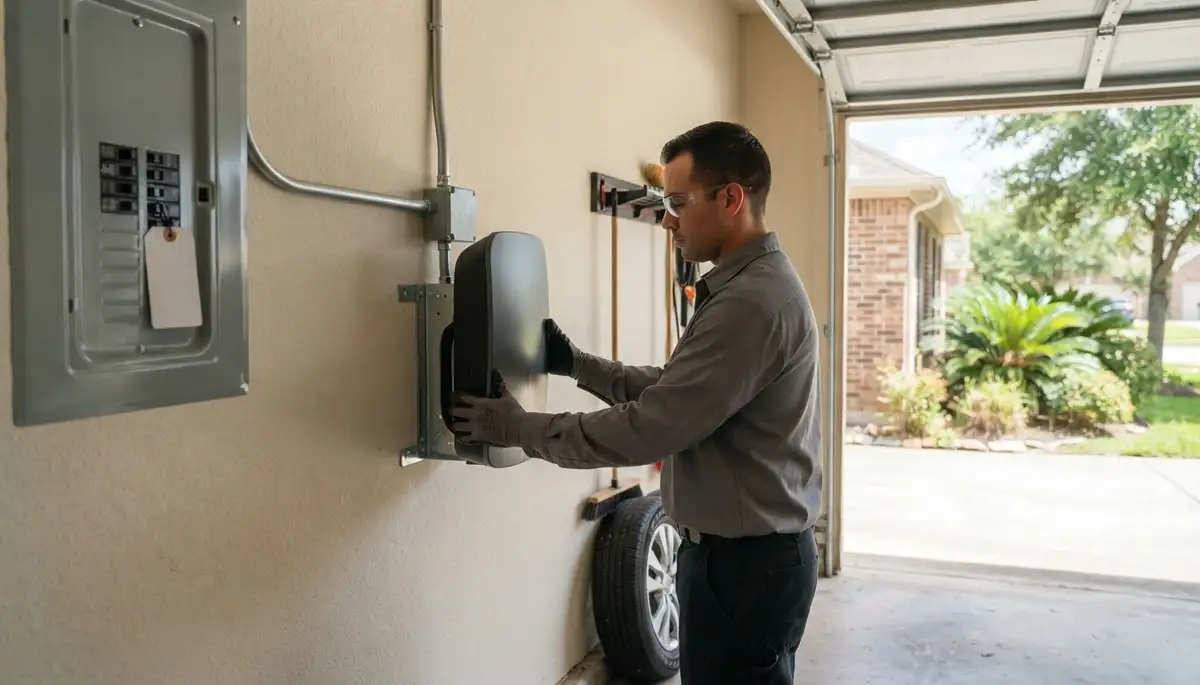 Electrician installing a wall-mounted EV charger with protected conduit in a Houston, TX garage