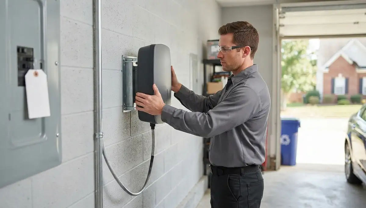 Electrician installing a Level 2 EV charger with a 240-volt circuit in Stafford, TX
