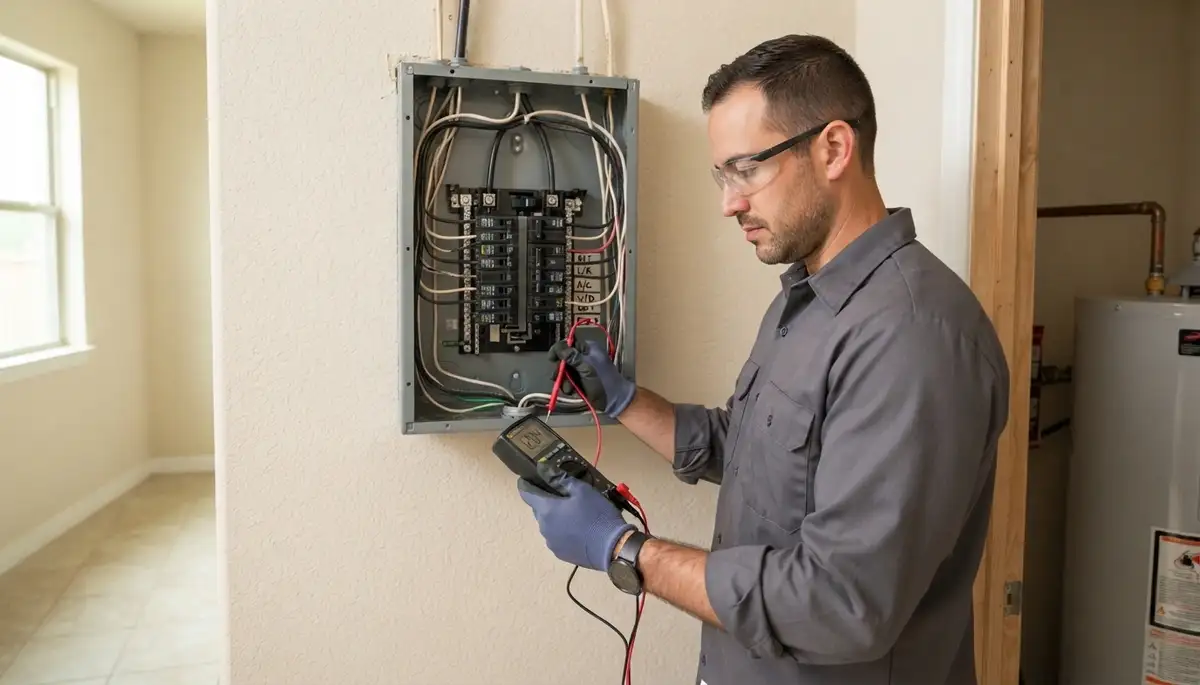 Houston, TX electrician tests voltage and polarity with a multimeter after electrical panel installation