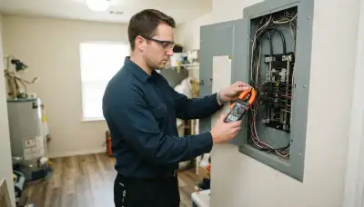 Houston, TX electrician measuring circuit load with a clamp meter at an electrical panel during a home energy audit
