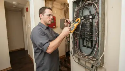 Houston electrician uses a clamp meter to assess an existing electrical panel before an electrical panel upgrade