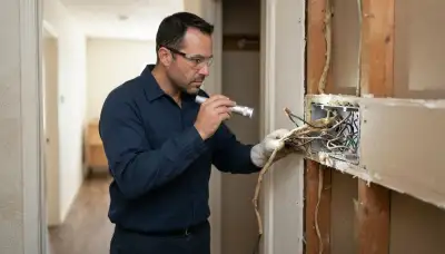 Houston, TX electrician inspects aged wire insulation with a flashlight during an existing wiring assessment