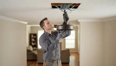 Houston electrician installs a fan-rated ceiling box and secures a ceiling fan motor to its mounting bracket