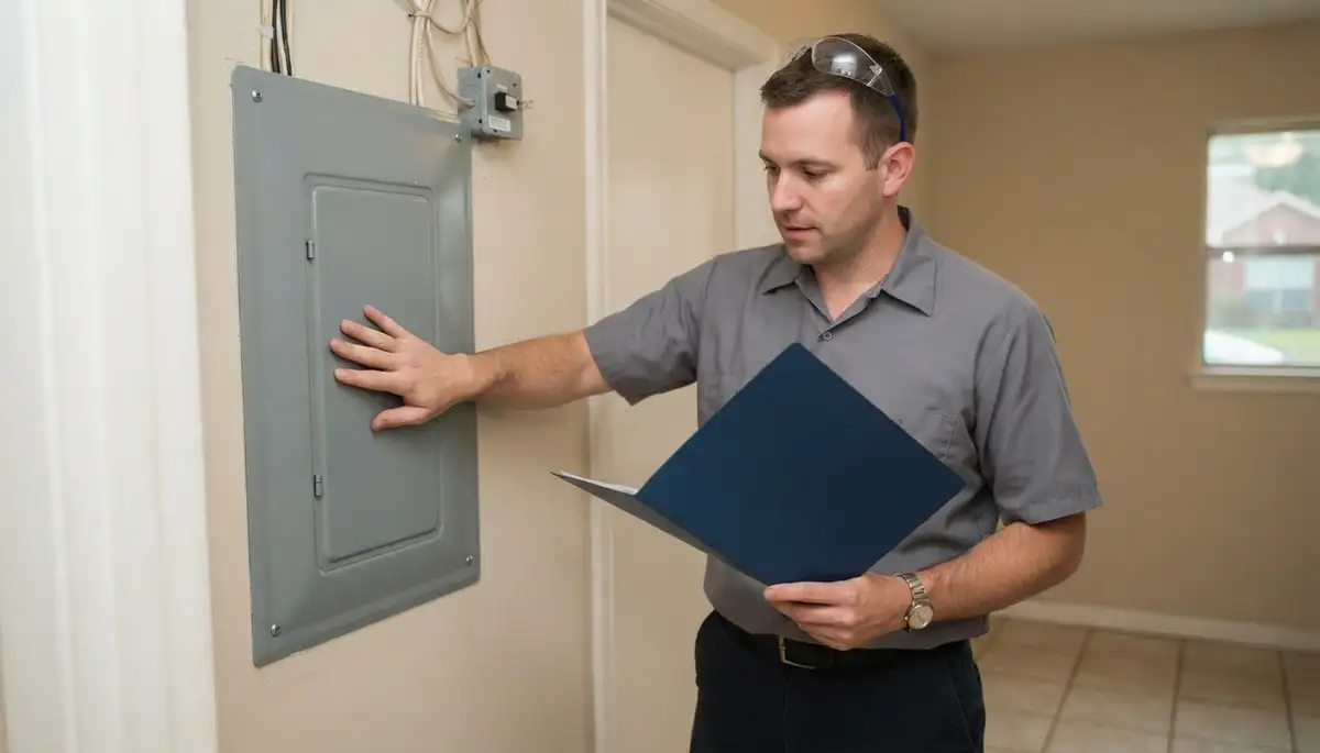 Houston electrician presenting prioritized home energy audit findings beside a closed electrical panel to a homeowner