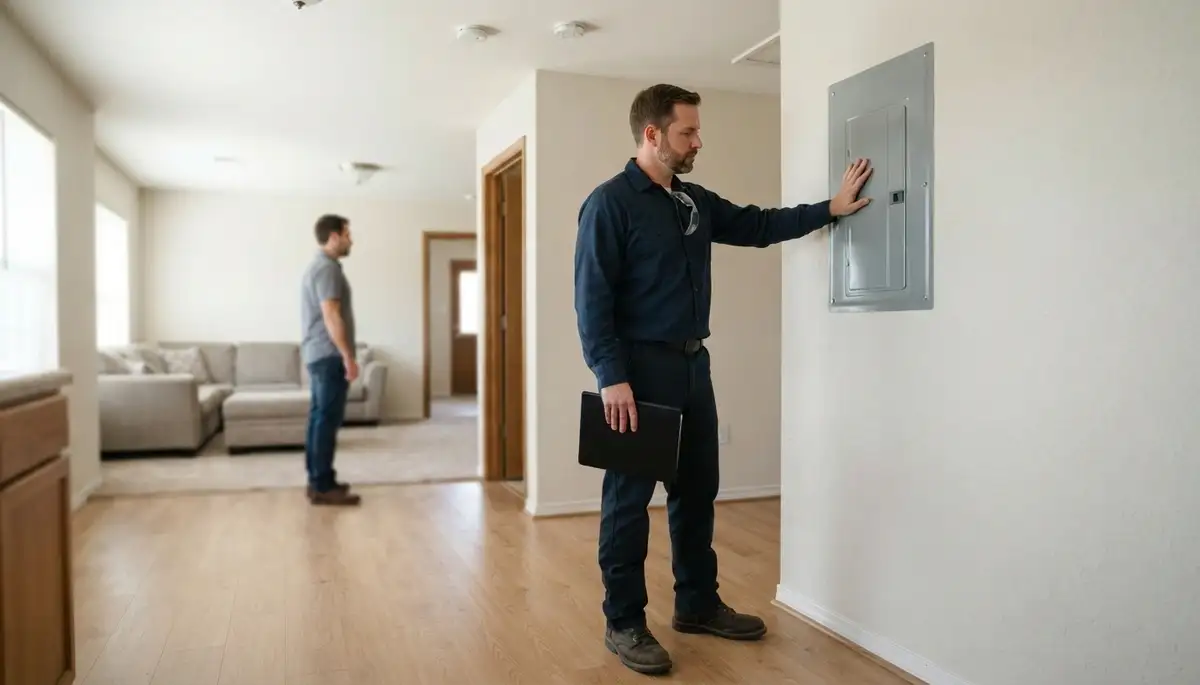 Houston, TX electrician reviews home electrical inspection findings with homeowner beside a closed electrical panel