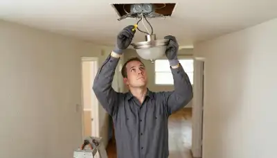 Houston electrician mounting a ceiling light fixture and connecting wiring in a residential electrical box