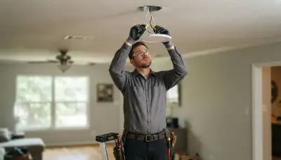 Houston, TX electrician installs a ceiling light fixture, securing wire connectors with gloved hands.