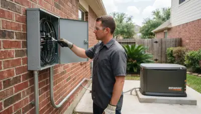Houston, TX electrician installs transfer switch conductors beside a standby generator with a wrench