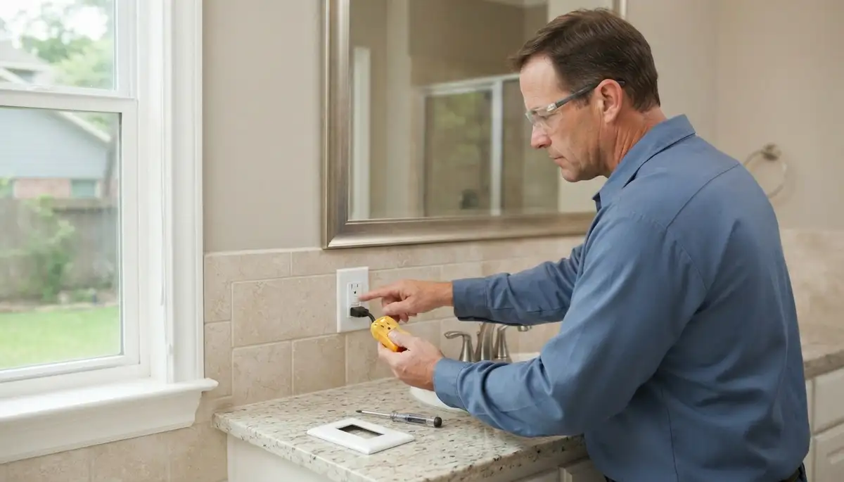 Electrician installing a GFCI outlet for wet-area protection in Bellaire, TX