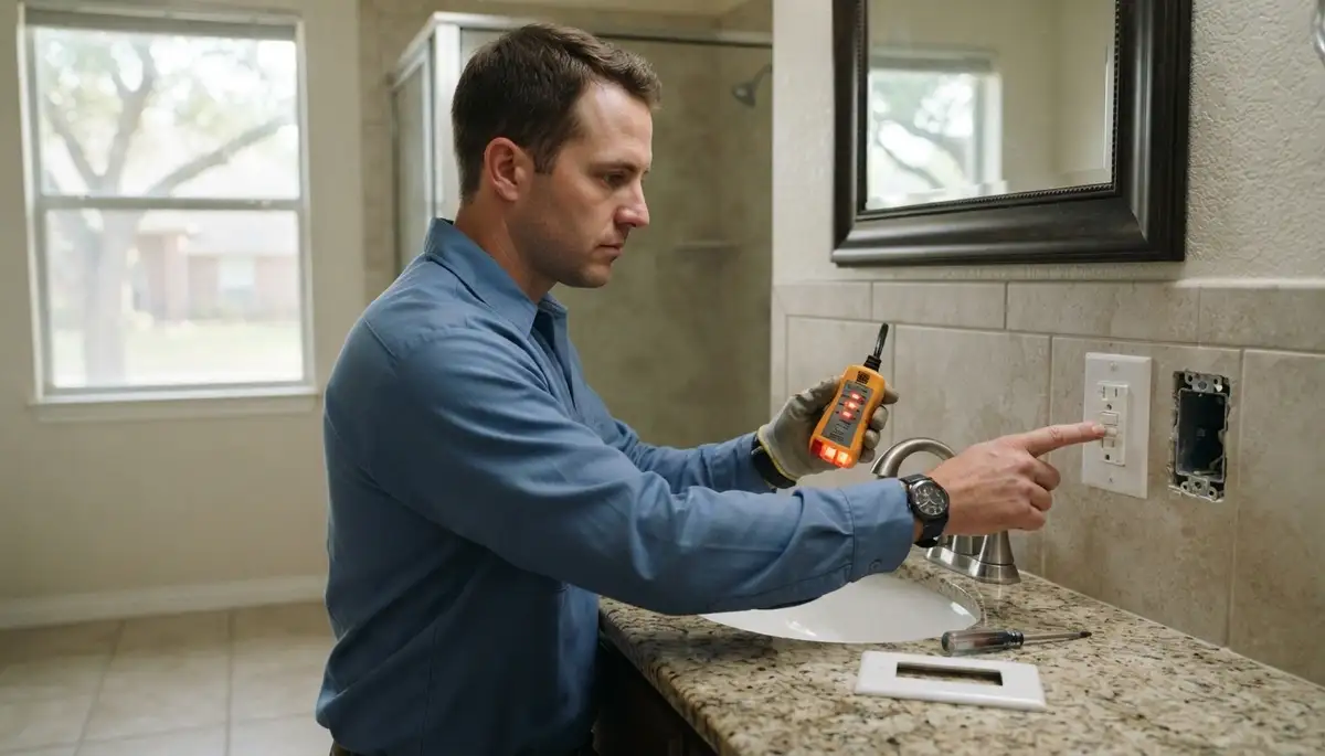 Electrician installing a GFCI outlet in a Houston, TX bathroom for wet-area ground-fault protection
