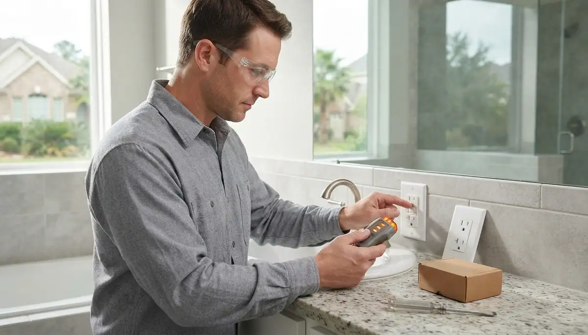 Electrician installing a GFCI outlet near a bathroom sink in Manvel, TX