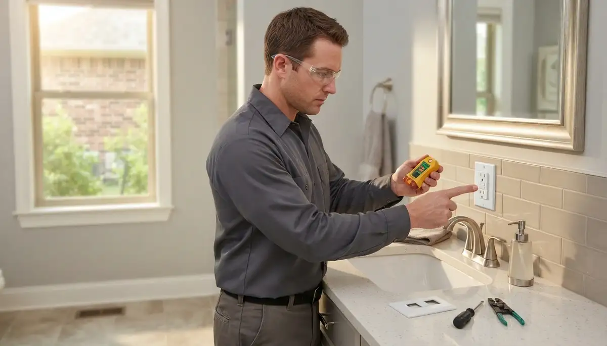 Electrician installing a GFCI outlet for wet-area safety in a Pearland, TX home