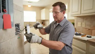 Electrician installing a GFCI outlet with line and load wiring in a Houston, TX home