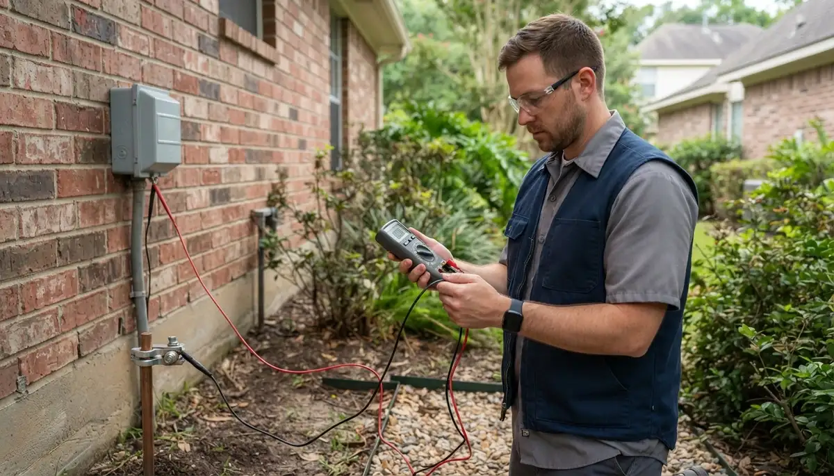 Houston, TX electrician verifying ground path continuity with a meter for lightning surge protection
