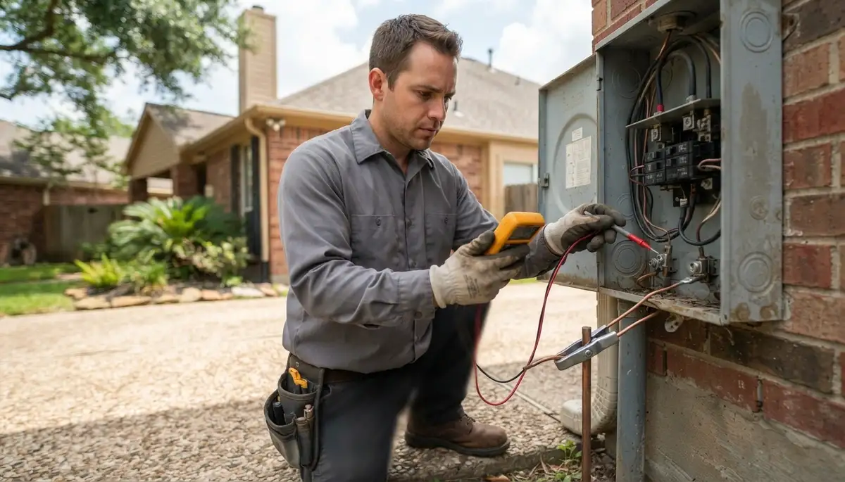 Houston, TX electrician tests service voltage and grounding at a meter base with a multimeter before restoration.