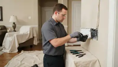 Houston, TX residential electrician performing circuit work in a furnished home with protective drop cloths