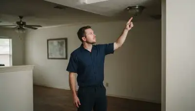 Houston, TX electrician assesses a ceiling fixture during a home lighting consultation for upgrades