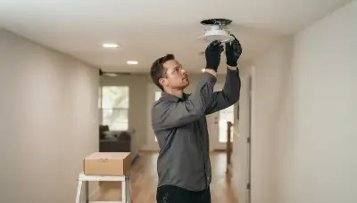 Houston, TX electrician clipping a trim ring into recessed light housing for a flush ceiling fit