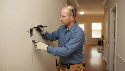 Electrician marking intercom station locations and cable routes in a Houston, TX home